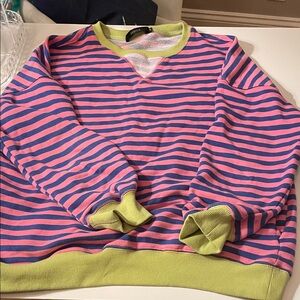 Striped Pink and Blue Sweatshirt with Green Accents